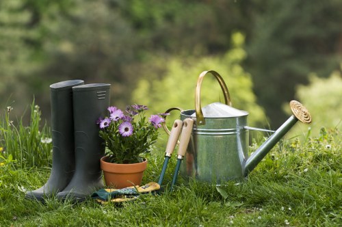 In the foreground of the outdoor garden space, there are a pair of black rubber gardening boots standing upright on the grass, adjacent to a terracotta pot filled with vibrant purple and white flowers. Nearby, several small hand tools, including a trowel and pruners, are laid out on the grass, indicating recent or ongoing planting or maintenance work. To the right, a shiny metal watering can with a curved handle and a long spout is positioned on the grass, suggesting watering tasks for surrounding plants. The background features a blurred view of mixed green foliage and trees, creating a natural and lush environment typical of a well-maintained garden in Newham, London. The scene is lit with natural daylight, indicating a clear weather condition, and the overall setting reflects a tidy, functional outdoor space used for gardening activities, aligned with professional landscaping and lawn care services offered by Landscapers Newham.
