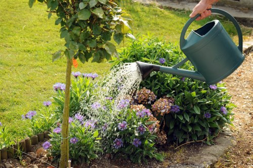 A person watering a well-maintained garden bed with a green watering can, surrounded by vibrant purple, white, and pink flowers, along with lush green foliage and a small tree with a slender trunk and green leaves. The garden features a neatly edged flower bed with a mix of flowering plants and leafy shrubs, bordered by small wooden edging. In the background, the lawn area is visible, showing a patch of evenly cut grass with a bright, sunny weather condition. The environment appears to be a landscaped outdoor space, possibly part of a residential garden in Newham, with natural light highlighting the lush greenery and floral diversity. The scene reflects careful garden maintenance and outdoor care, aligning with professional gardening and landscaping services offered by companies like Landscapers Newham.